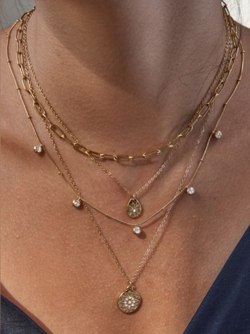 Multi Layer Stone Chain Teardrop Charm Necklace - Picture 1 of 1